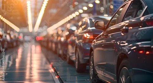 Cars in production factory, mass production