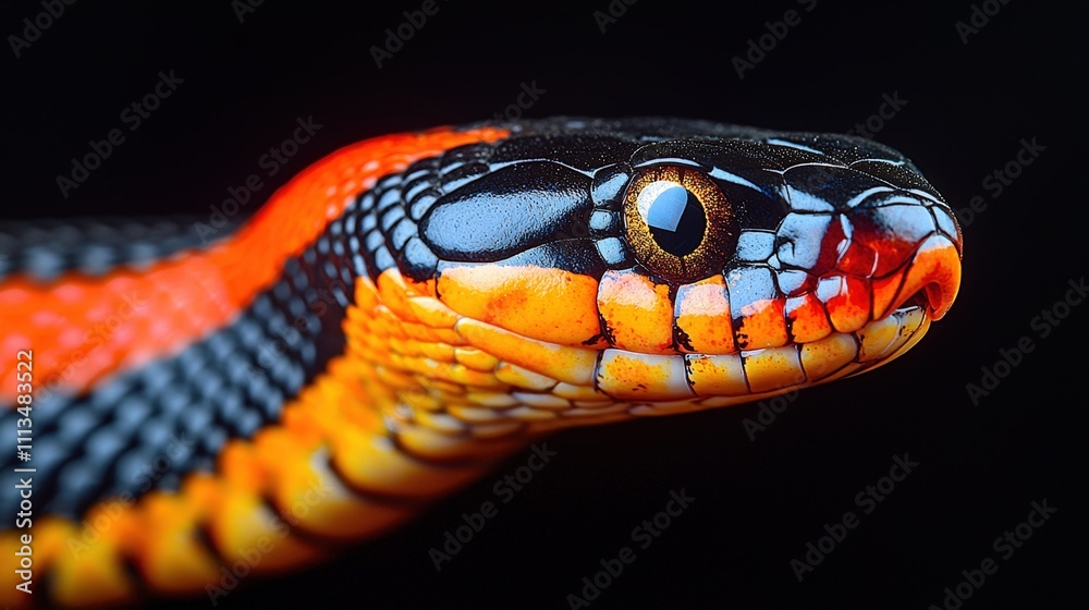 Vibrant coral snake close-up against a black background Vibrant coral snake close-up against a black background