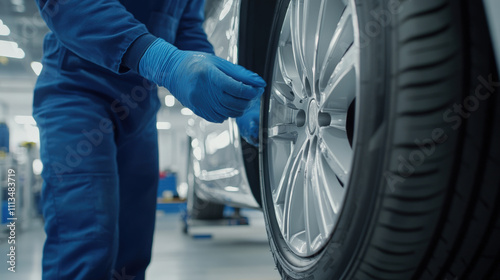 Mechanic in Blue Uniform Working on Tire Fixing Vehicle Wheel with Precision in Modern Automobile Workshop