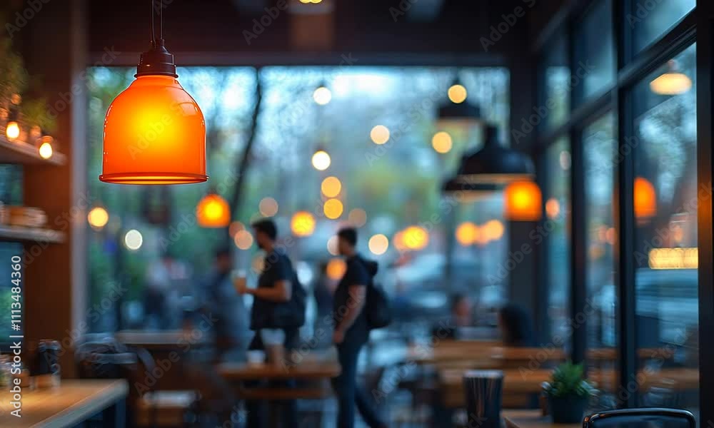 A cozy café interior featuring warm pendant lights and a blurred background of patrons and outdoor scenery. A cozy café interior featuring warm pendant lights and a blurred background of patrons and outdoor scenery.
