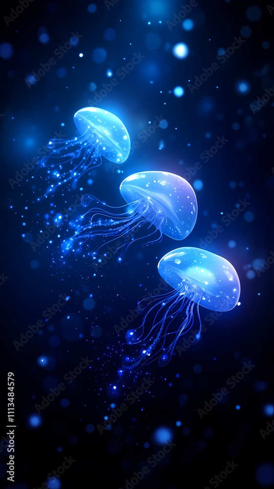 Naklejka premium Three luminous jellyfish glide gracefully through an enchanting deep ocean creating a magical underwater scene.