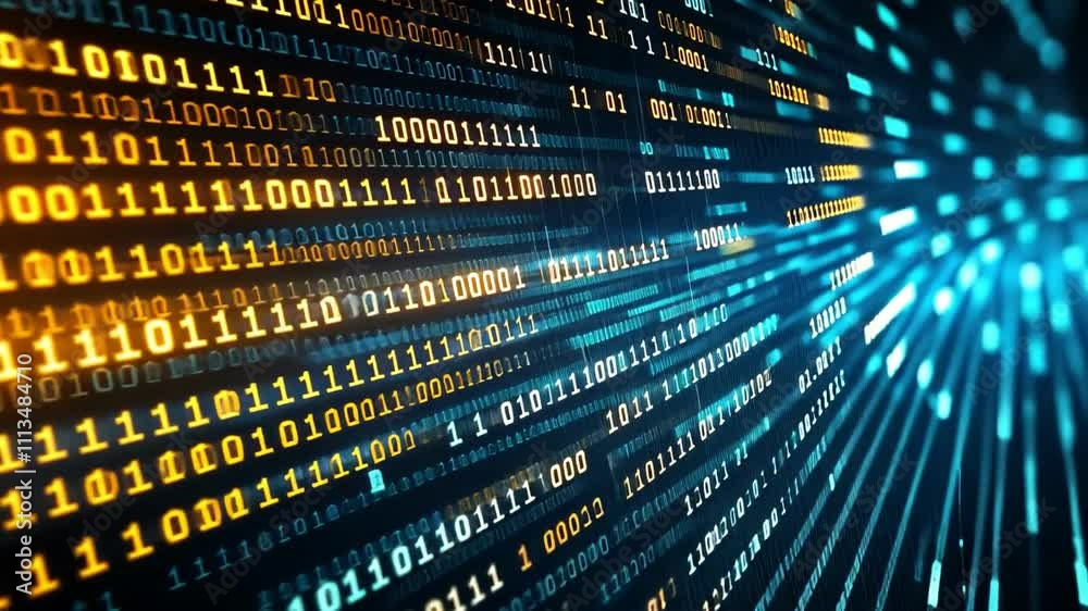 Abstract digital background featuring glowing binary code in vibrant blue and orange hues, ideal for technology and data themes.