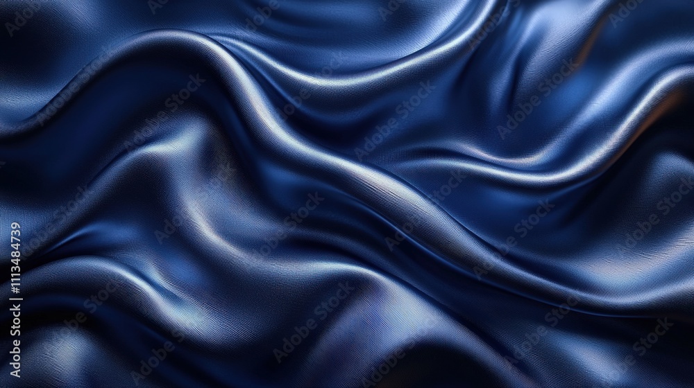 Smooth dark blue silk fabric with elegant waves and luxurious texture Smooth dark blue silk fabric with elegant waves and luxurious texture