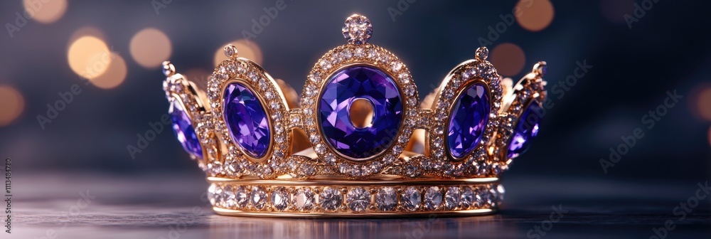 Exquisite gold crown with purple gemstones and sparkling diamonds. Happy Mardi Gras