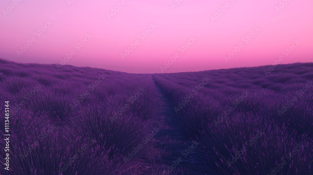 Obraz premium A Path Through a Field of Purple Flowers Under a Pink Sky