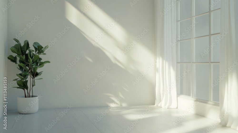 Fototapeta premium Sunlit minimalist room interior with plant, white wall, and sheer curtains.