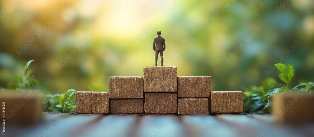 Miniature businessman standing on top of a wooden block staircase. Miniature businessman standing on top of a wooden block staircase.