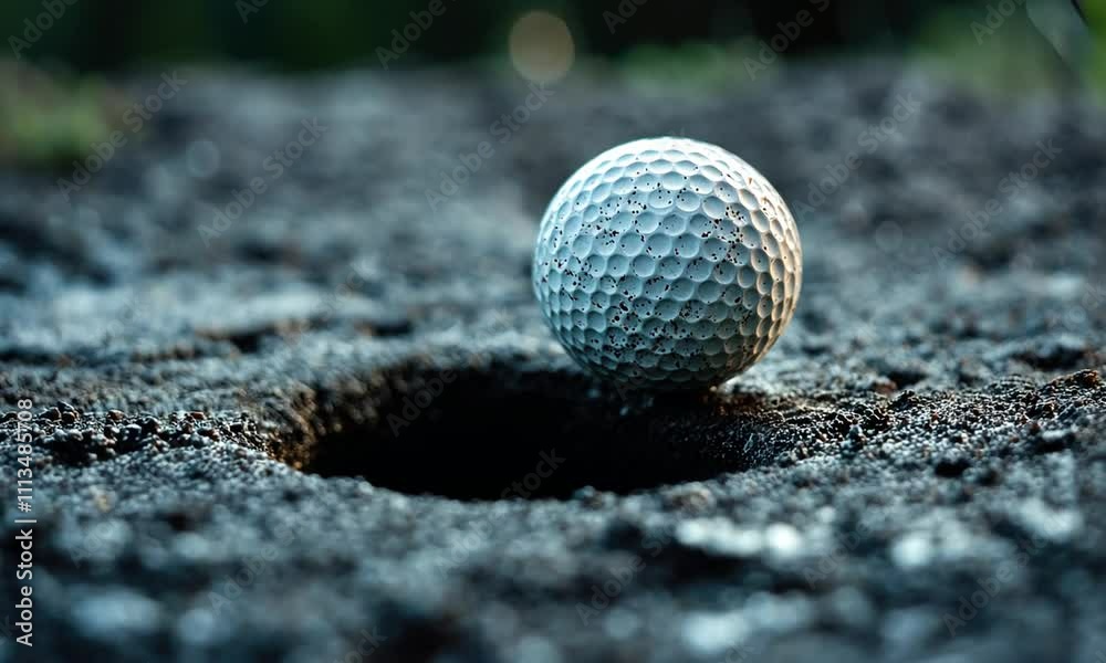 A Golf Ball Positioned at the Edge of a Mossy Hole, Ready for the Next Shot A Golf Ball Positioned at the Edge of a Mossy Hole, Ready for the Next Shot