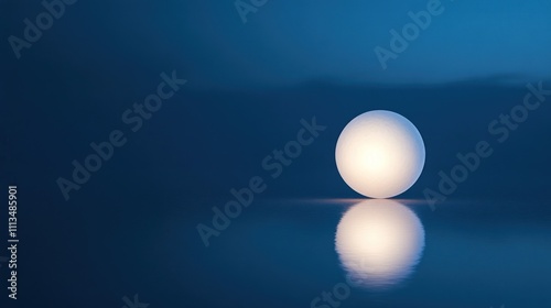 Glowing orb reflecting on dark blue surface.