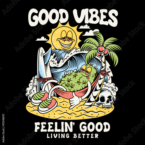 Photography retro character, summer design, retro summer design with skull and waves