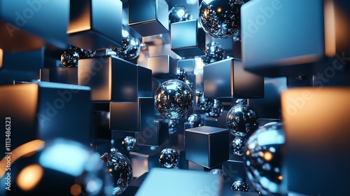 Abstract 3D rendering of a chaotic arrangement of shiny blue cubes and silver spheres.