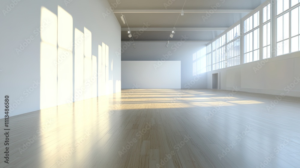 Sunlit empty white room with hardwood floor and large windows. Sunlit empty white room with hardwood floor and large windows.