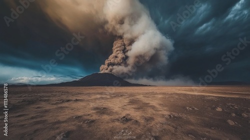 Majestic Eruption of an Active Volcano Under a Dramatic Sky with Billowing Ash Clouds and a Barren Landscape in the Foreground photo