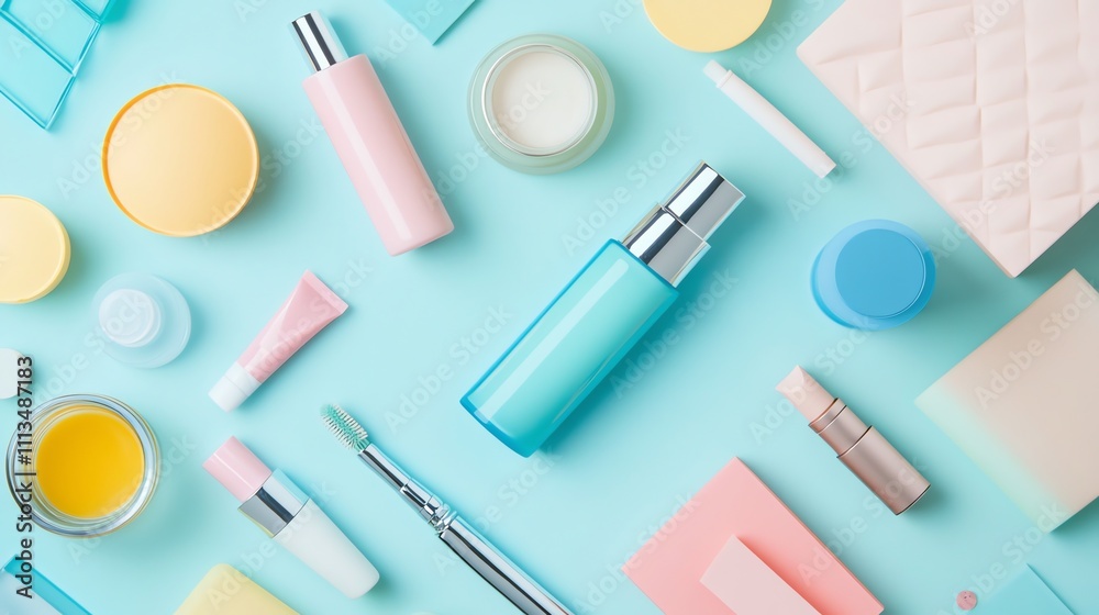 Flat lay of beauty products and accessories on blue background.