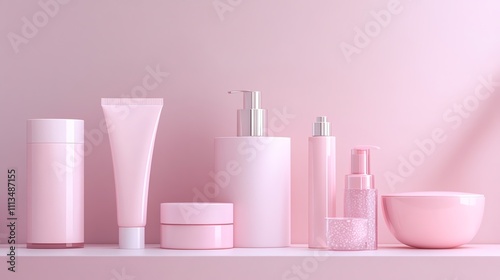 Minimalist, pink skincare products arranged on a shelf.