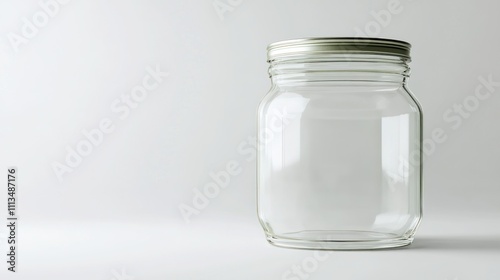 Empty clear glass jar with a metallic lid on a white background.