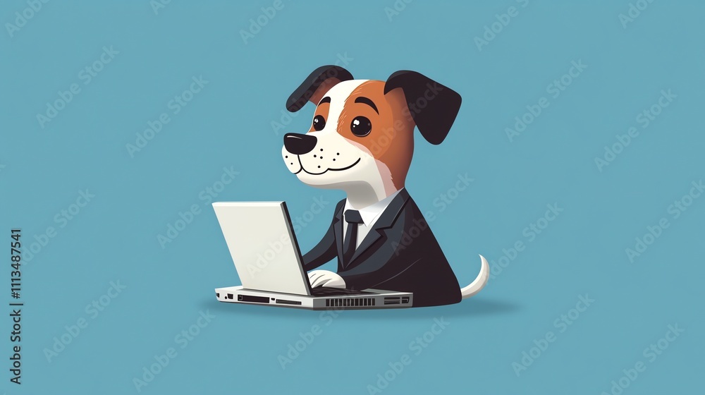 Obraz premium A cartoon dog in a suit using a laptop.