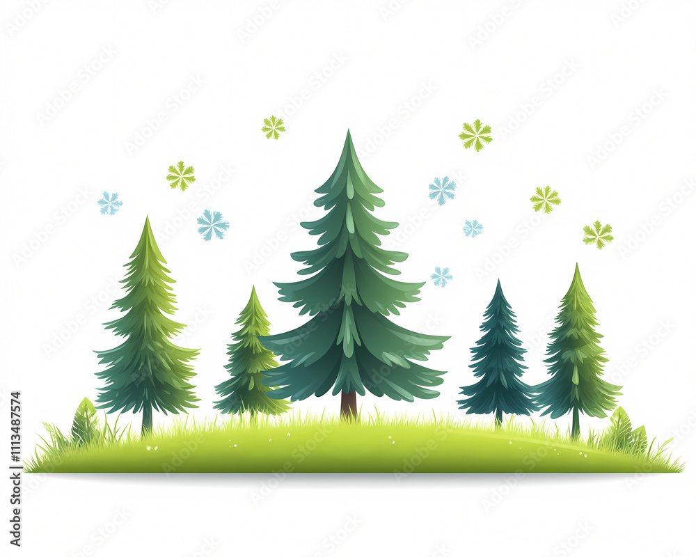Obraz premium Explore a serene winter landscape featuring vibrant evergreen trees blanketed in snow. On white background