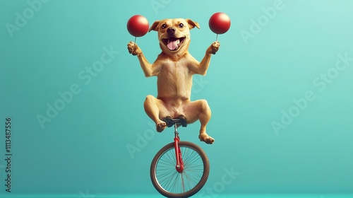 Happy dog riding a unicycle with red balls in its paws.