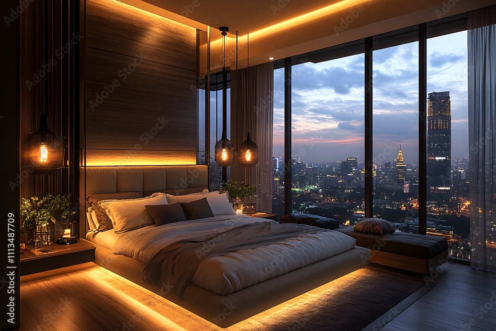 Luxurious Modern Bedroom with Panoramic City View at Night, Featuring Ambient Lighting, Elegant Decor, and Floor-to-Ceiling Windows Overlooking a Vibrant Urban Skyline.