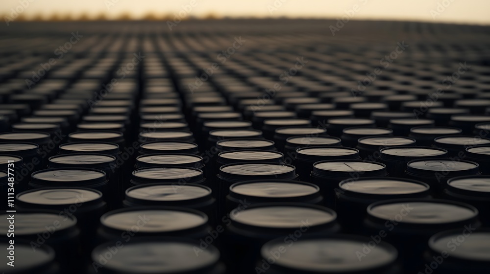 Oil barrels stacked in rows, symbolizing the global reliance on fossil fuels and the need for sustainable energy solutions. Oil barrels stacked in rows, symbolizing the global reliance on fossil fuels and the need for sustainable energy solutions.
