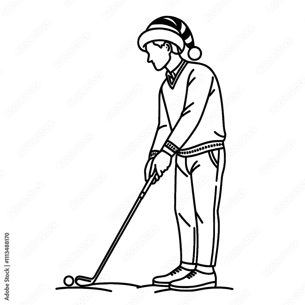 Blank coloring book illustration, a man wearing a Christmas hat playing golf. Blank coloring book illustration, a man wearing a Christmas hat playing golf.