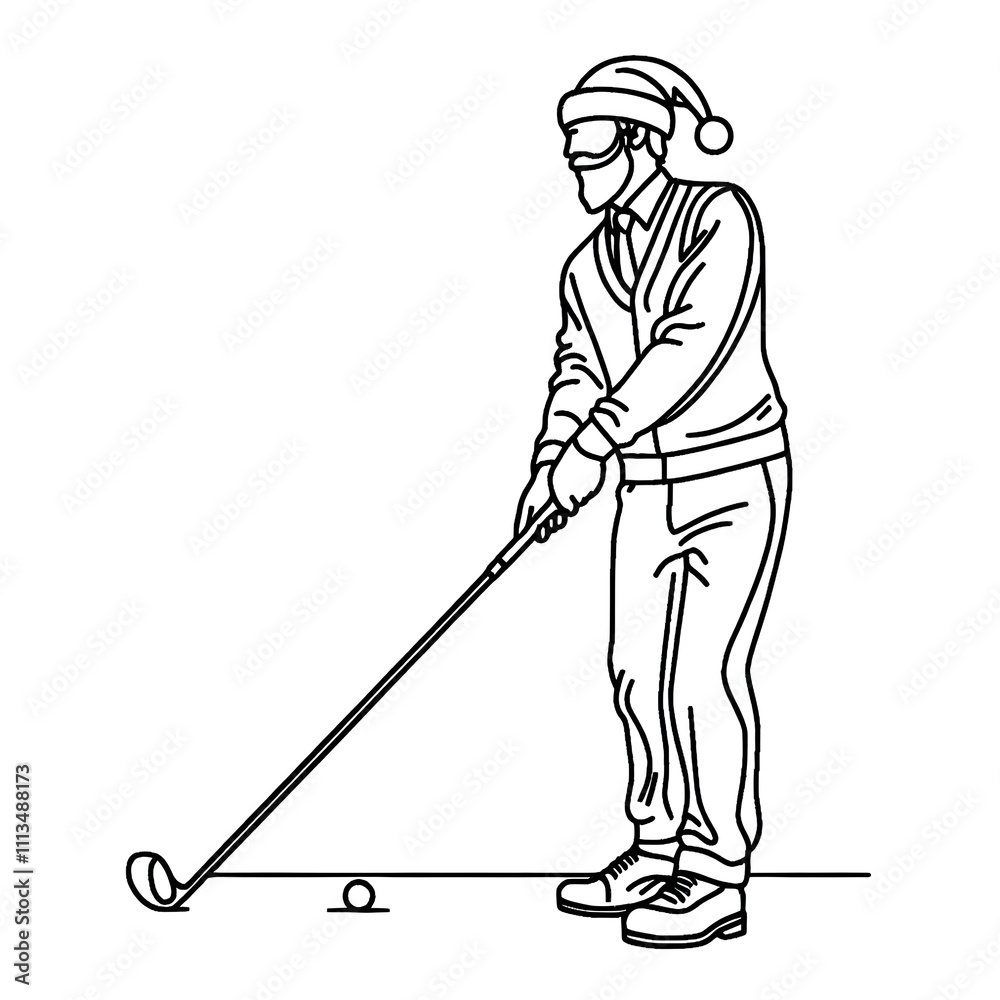 Blank coloring book illustration, a man wearing a Christmas hat playing golf. Blank coloring book illustration, a man wearing a Christmas hat playing golf.