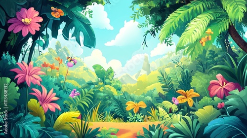 Vibrant jungle scene with lush green foliage, colorful flowers, and a clear blue sky.