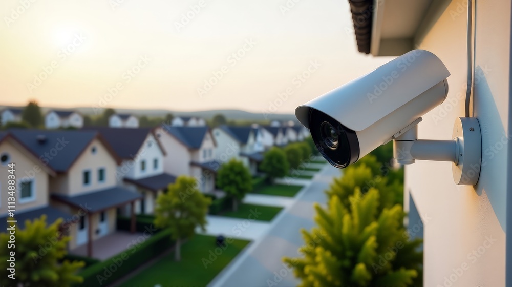 Modern security camera overlooking suburban homes in evening light for safety Modern security camera overlooking suburban homes in evening light for safety