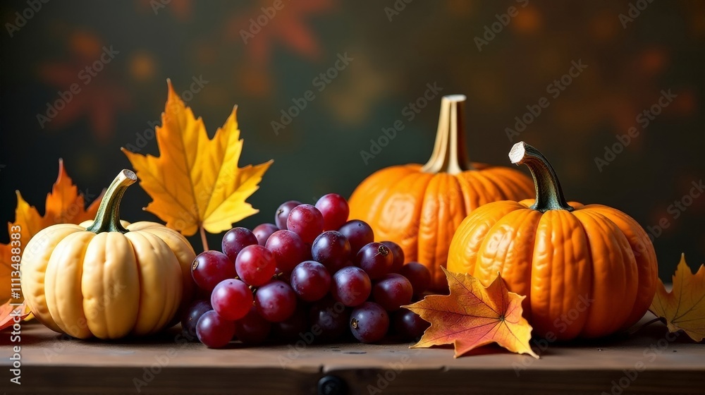 Autumn Harvest Display with Pumpkins, Grapes, and Colorful Leaves on Rustic Wood Autumn Harvest Display with Pumpkins, Grapes, and Colorful Leaves on Rustic Wood