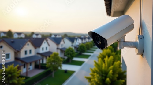 Modern security camera overlooking suburban homes in evening light for safety