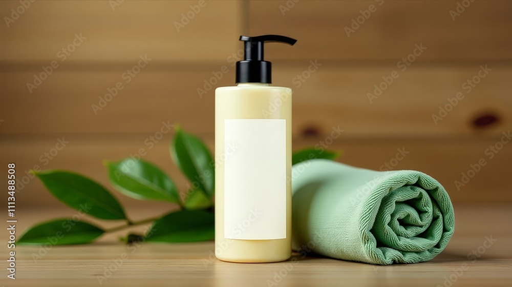 Natural beauty skincare product with towel and green leaves in a serene setting Natural beauty skincare product with towel and green leaves in a serene setting