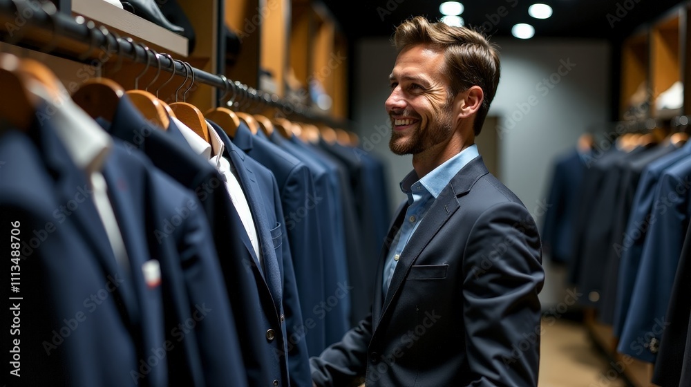 Stylish man enjoying a selection of tailored suits in a modern clothing store