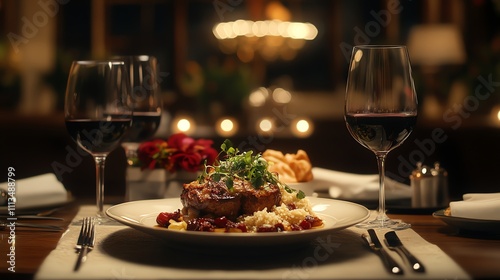 A romantic dinner setting with a gourmet meal and two glasses of red wine.