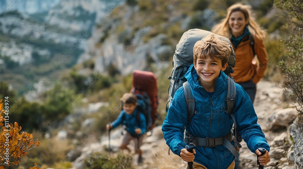 Smiling boy hikes with his family in the mountains. Smiling boy hikes with his family in the mountains.