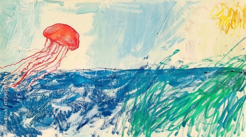 Child's drawing of a red jellyfish over blue ocean waves and green grass.