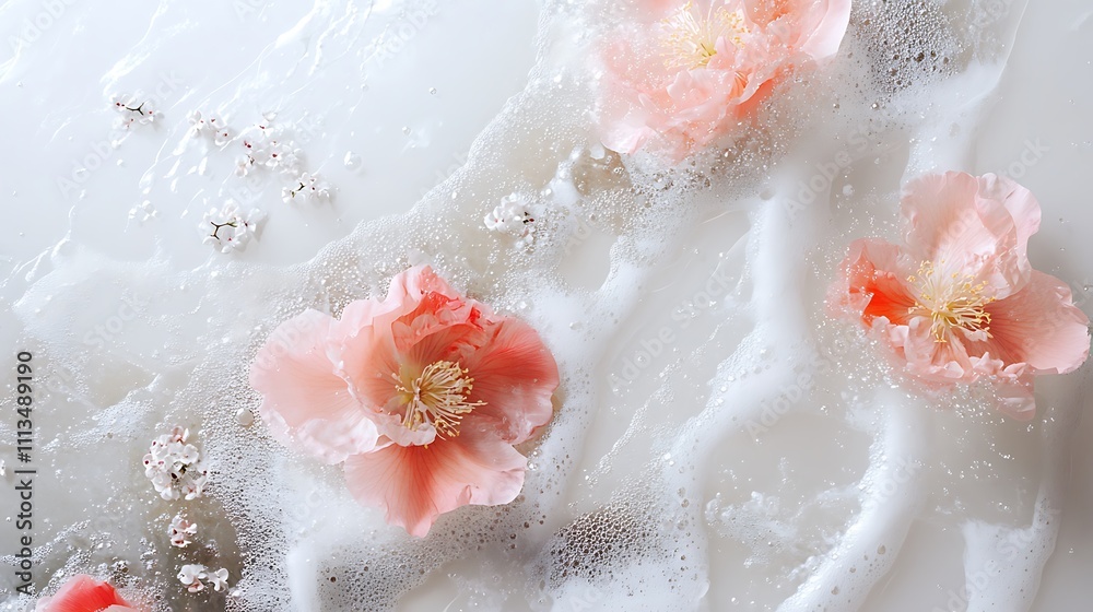 Fototapeta premium Delicate Pink Blossoms Floating in Creamy White Foam