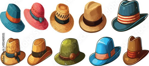 Print Cartoon Hats and headgears set. Stylish summer and autumn men and women headwear, vintage classic and modern hats, clothes accessory colorful cartoon vector set of accessories