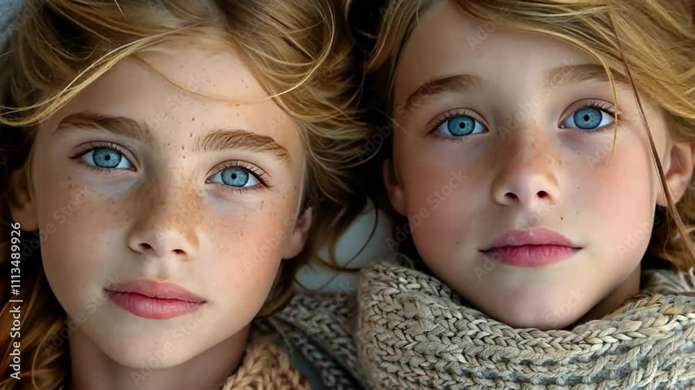Identical twins with striking blue eyes and freckled skin share a cozy moment indoors wrapped in warm scarves Identical twins with striking blue eyes and freckled skin share a cozy moment indoors wrapped in warm scarves