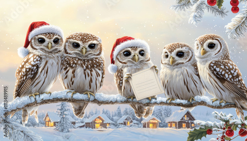 A group of owls dressed as Santa and his reindeer, perched on snowy branches, with one owl holding a scroll labeled 'Nice List' and a wintery village glowing below them. photo