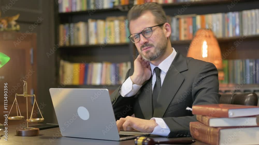 Middle Aged Lawyer having Neck Pain with Laptop Middle Aged Lawyer having Neck Pain with Laptop
