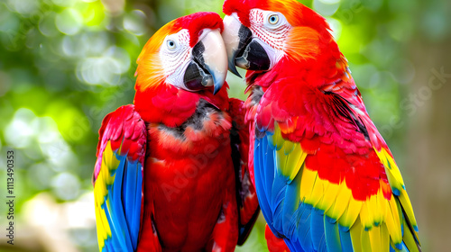 A bright scarlet macaw with long, colorful feathers perches on a branch, showcasing its vibrant plumage against a backdrop of lush green foliage photo