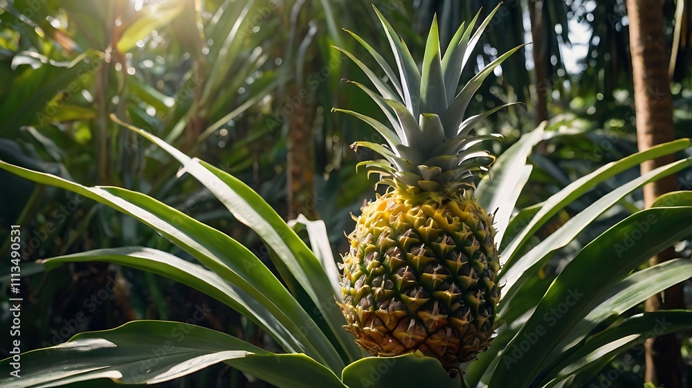 Fototapeta premium A single ripe pineapple growing in a tropical jungle with sunlight shining through the leaves.