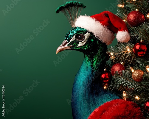 A majestic peacock dressed in a Santa suit, with its tail fanned out and decorated like a Christmas tree adorned with lights and ornaments. photo