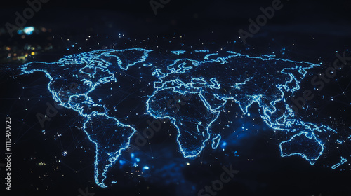 abstract business connection of line from nail node to node on world map background Innovation network points Earth's surface