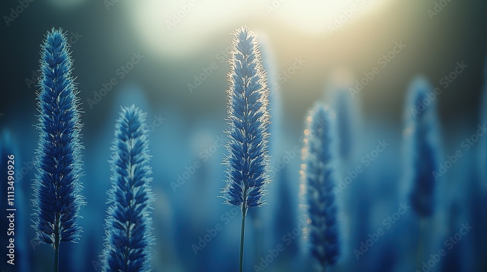 Serene sunrise over blue fuzzy grass stalks in misty field Serene sunrise over blue fuzzy grass stalks in misty field