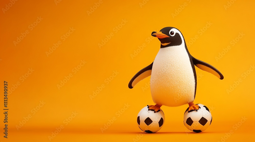 Fototapeta premium A cute penguin stands on two soccer balls against an orange background.