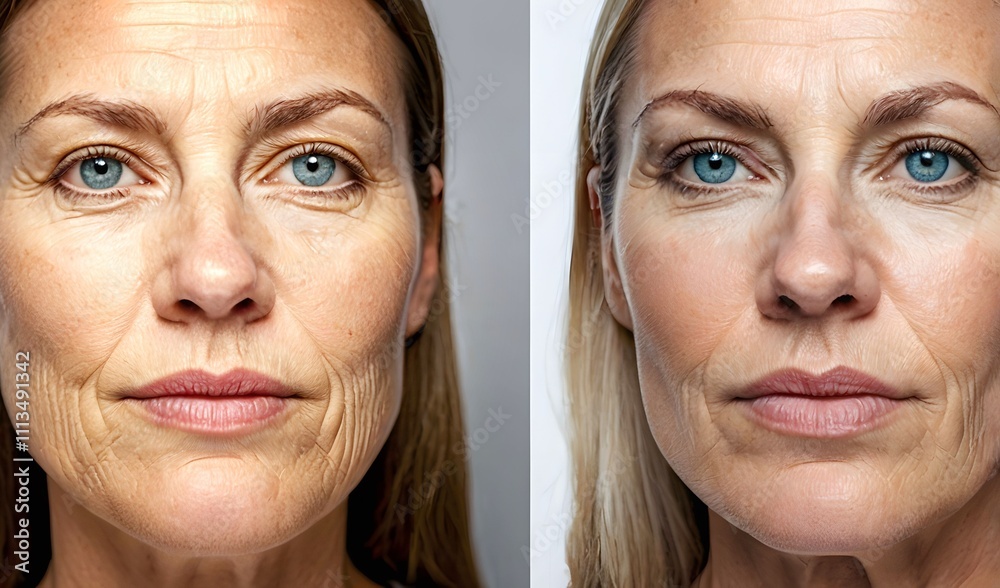 Εκτύπωση καμβά Woman face before and after wrinkles treatment - cosmetically improve appearance
