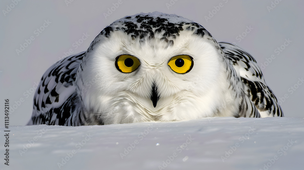 Obraz premium Portrait of a snowy owl in winter with sharp eyes and feathers, showcasing its wisdom and hunter instincts in the wild