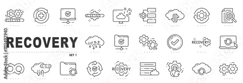 Set of recovery related line icons. Datum, backup, restore, cloud etc. Editable stroke.